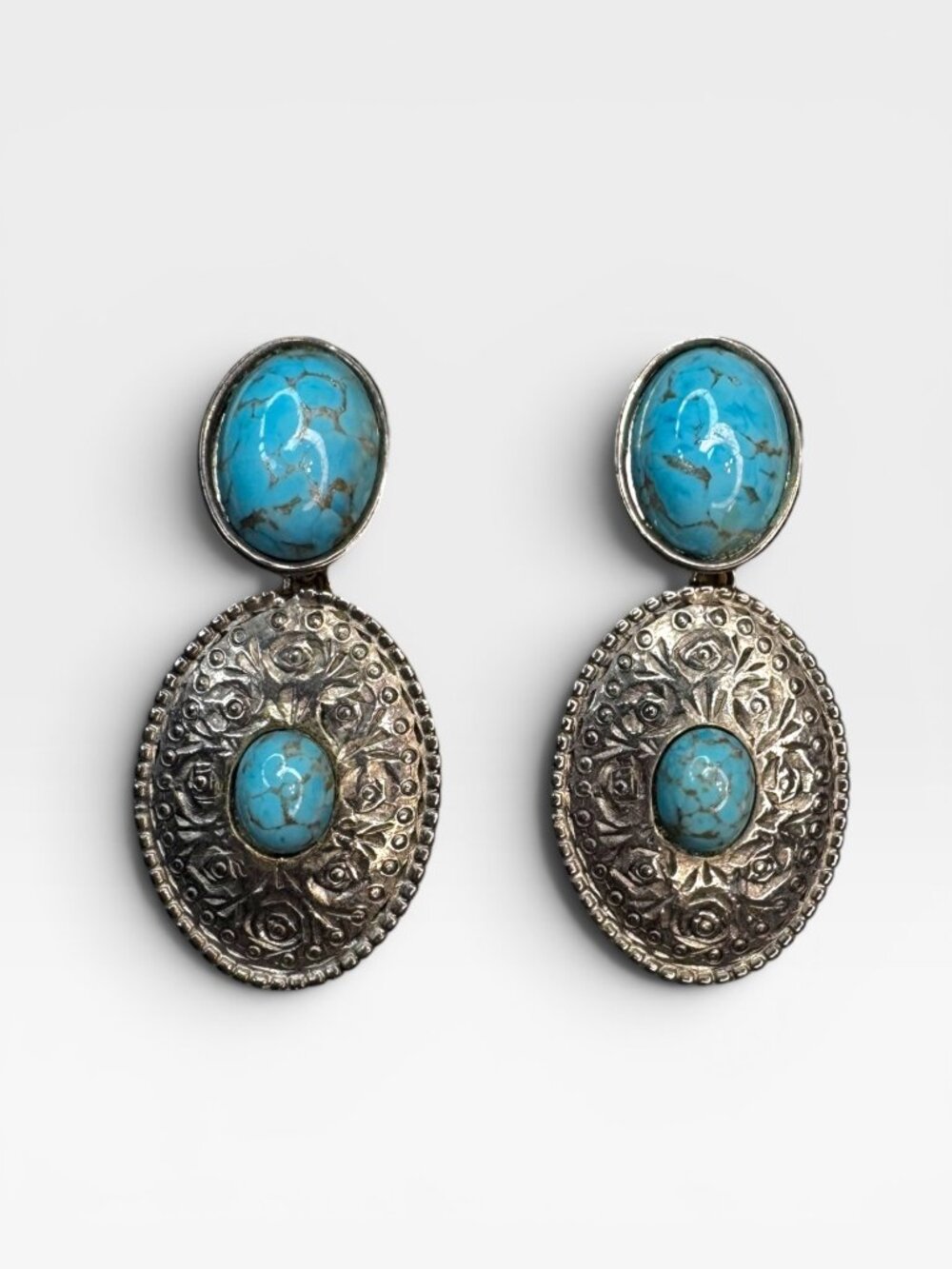 Blue Gold Speckled Glass Cabochon Dangle Earrings Silver Tone Floral Vintage